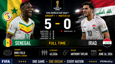 Senegal 5–0 Iraq, BMO Field, attendance 43,036, and referee Anthony Taylor